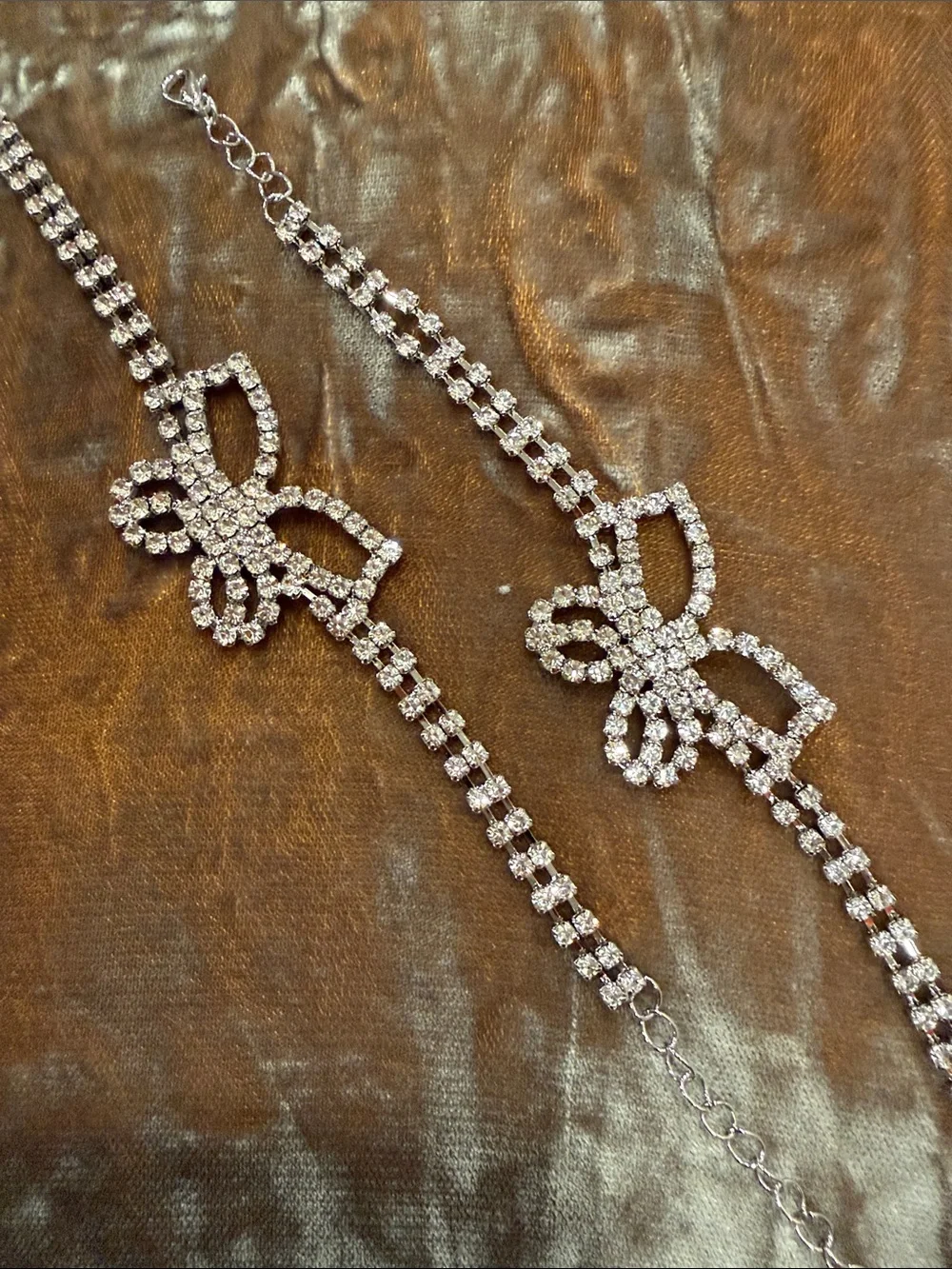 Set of 2 Rhinestone Bow Anklets Silver Tone Bridal Jewelry 1061